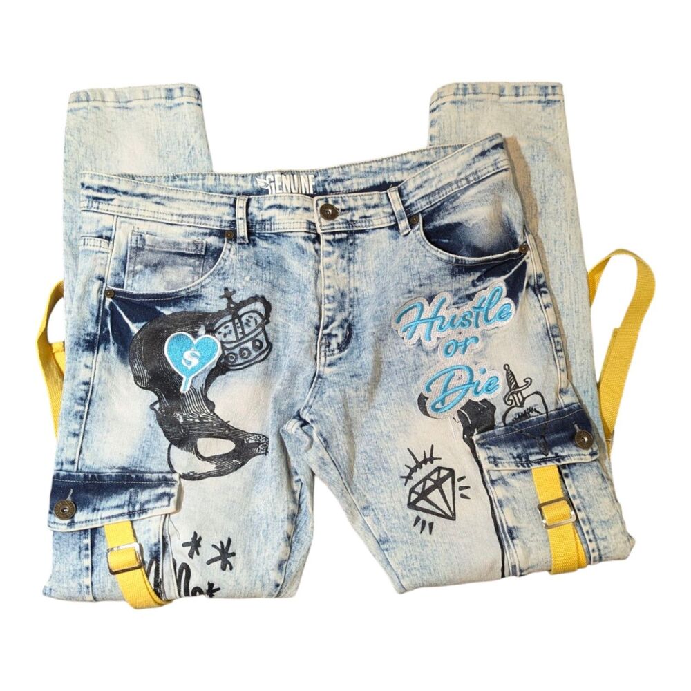 Genuine Authentic Jeans Men's 36x 32" Distressed Tattoos Embroidered Retro Artsy